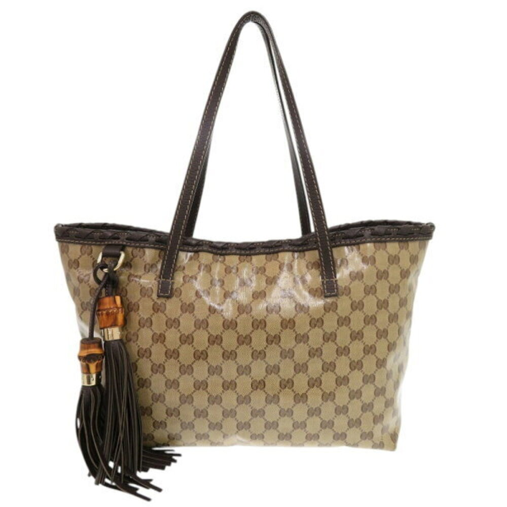 Gucci GG Crystal Leather Beige Tote Bag Bamboo Tassel Charm